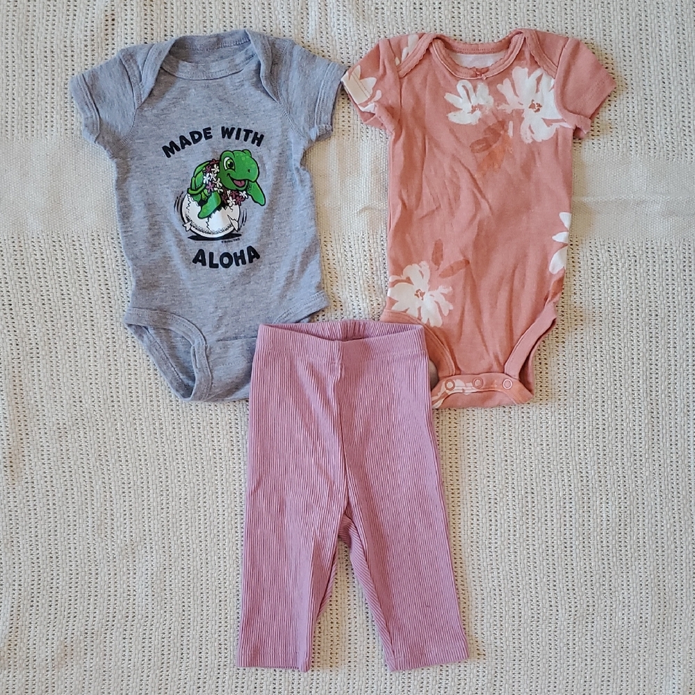 Baby Girl Newborn Short Sleeve Onsies And Pant Set. Turtle & Floral Onsies